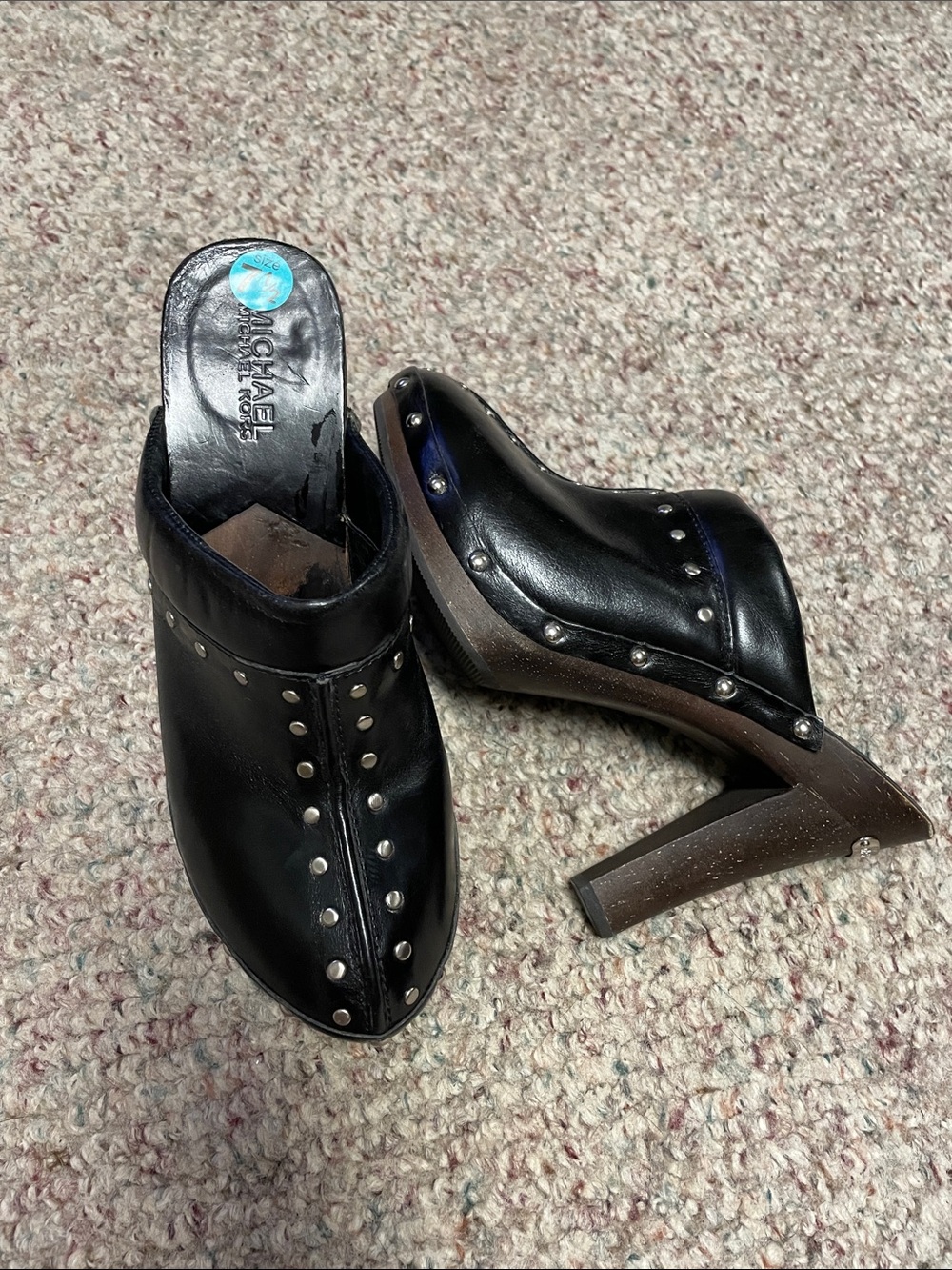 Michael Kors Black Leather silver Studded wood sole Mule Heels
